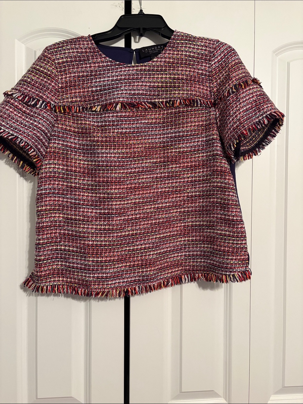 Laundry By Shelli Segal Multicolor Pink Tweed Fringe Sleeve Top